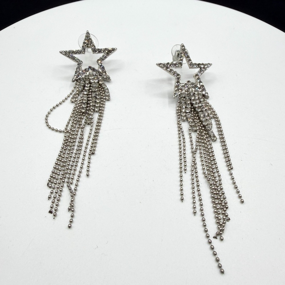 Rhinestone Star Chain Fringe Earrings Silver Tone Celestial Statement Y2K Party